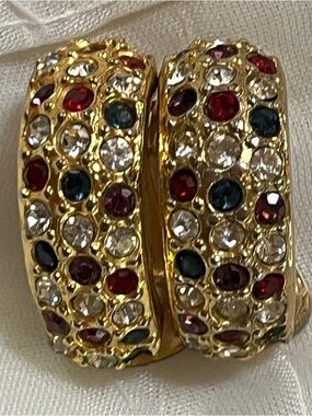 Vintage Gold-Tone Hoop Earrings, Clip On with Beautiful Crystal Stones